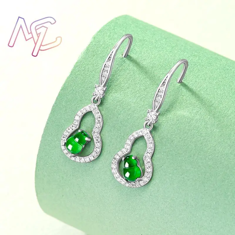 Green Myanmar Jadeite Gourd Earrings Emerald 925 Silver Energy Fashion Accessories Talismans Luxury Gifts for Women Vintage