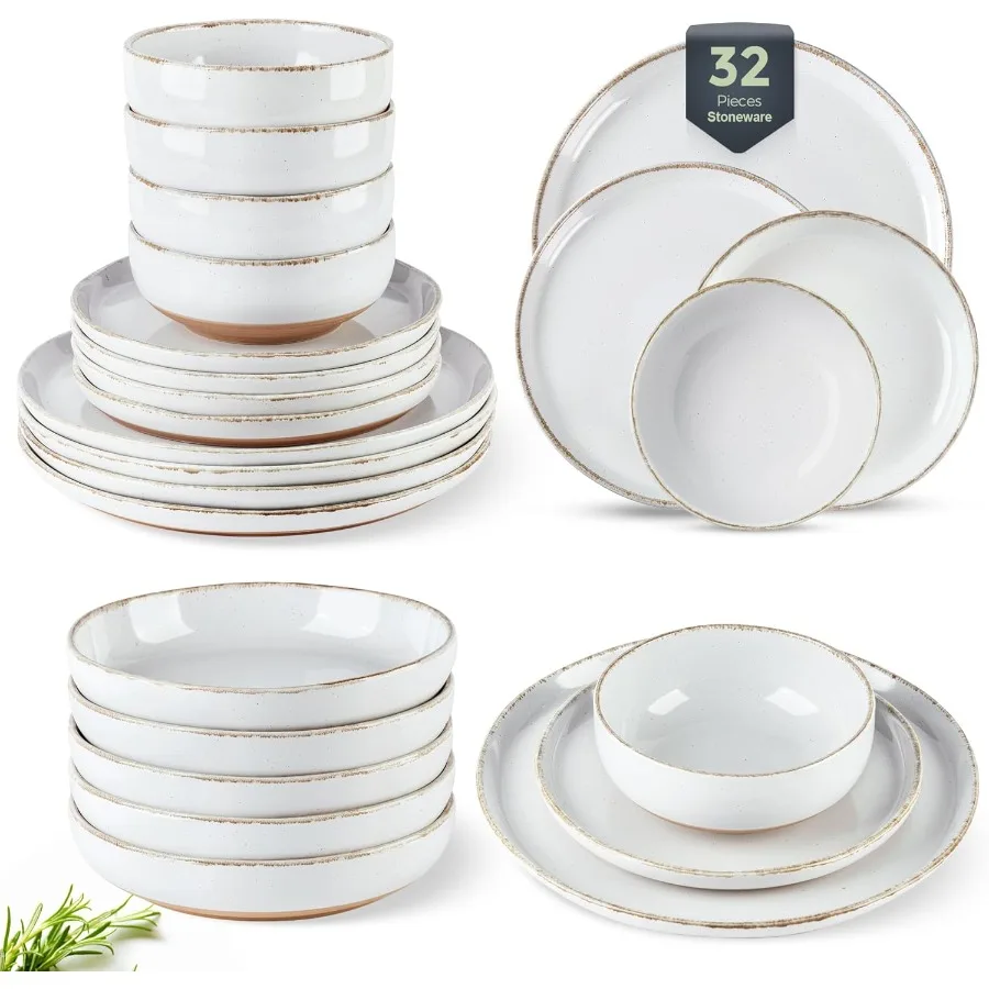 

Ceramic Dinnerware Sets with Pasta Bowls for 8 Handpainted Plates and Bowls Set with Rustic Terracotta Underside Scratch Resist