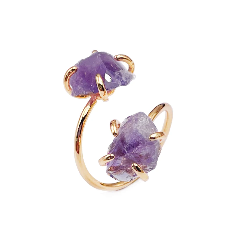 Irregular Amethyst Open Ring for Women Girls Claw Setting Gold-color Boho Rough Purple Crystal Finger Jewelry Resizable