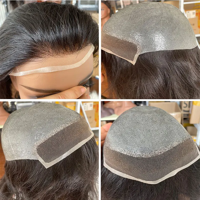 Мужской парик Swiss Lace Front Natural Hairline, мужской парик из искусственной кожи с V-образным вырезом, Европейская система замены человеческих волос для мужских париков