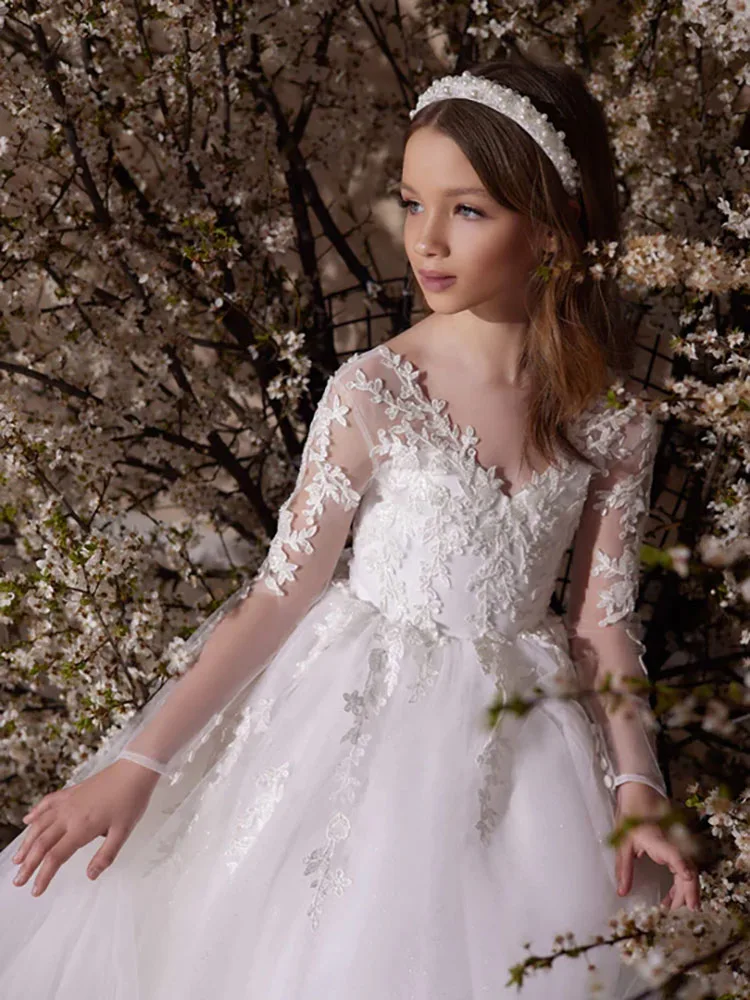 Vestido blanco de flores para niña, apliques de tul, princesa para niños, vestido elegante a medida para cumpleaños, graduación, comunión, ocasión formal, vestido de fiesta de boda