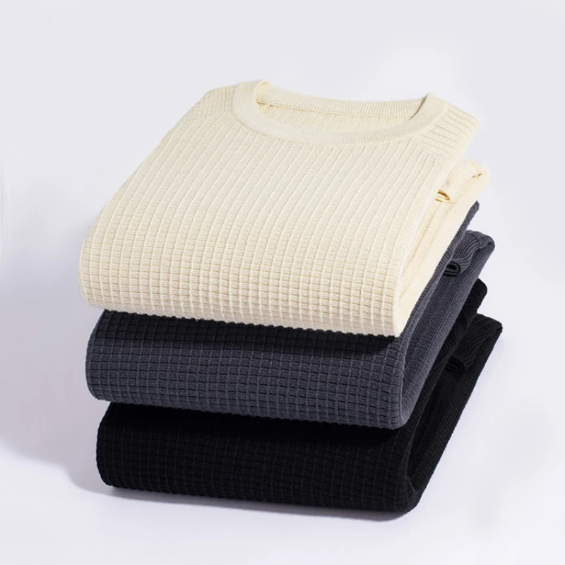 オールドマネースタイル ​ ​ メンズ抗ピリングウール混紡ニットセーター - ライトベージュクルーネック（アイアングレー/ブラック）ソフトな質感の生地 ​ ​