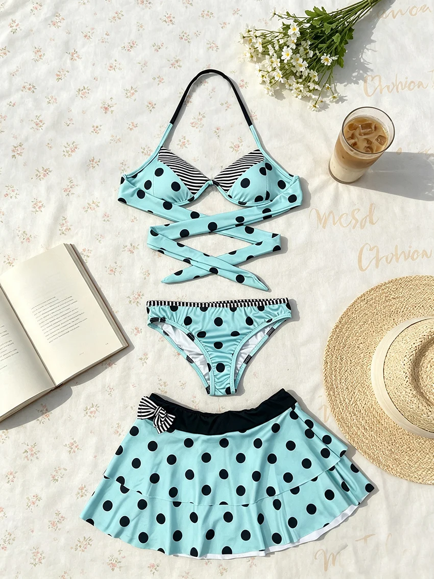 Fashion Women 3 Piece Swimwear Punk Polka Dot Halter Wrap Bikini Layered Ruffle Skirt Bow Decor Beach Bathing Suit Swim Outfits