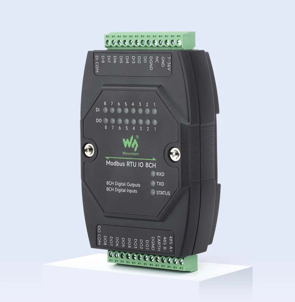 Waveshare Industrial 8-Ch Digital Input & Output Module, DC 7~36V Wide Voltage Power Supply, Modbus RTU Protocol, Rail-Mount