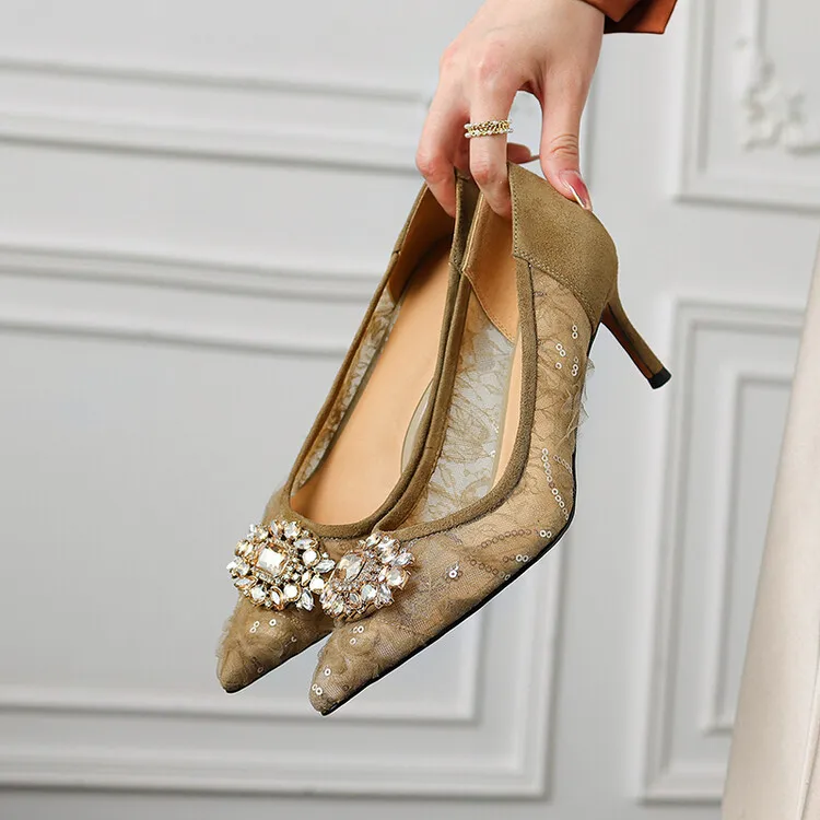 

Туфли-лодочки женские с персиковым кружевом, заостренный носок, искусственная кожа, пряжка, для выпускного вечера, свадьбы, формальные, черные