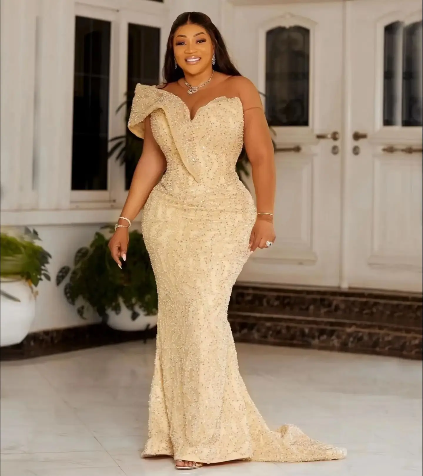 

Plus Size Aso Ebi Mermaid Prom Dress Evening Dresses Long Sleeves Beaded Lace Birthday Dress Second Reception Gowns Customizatio