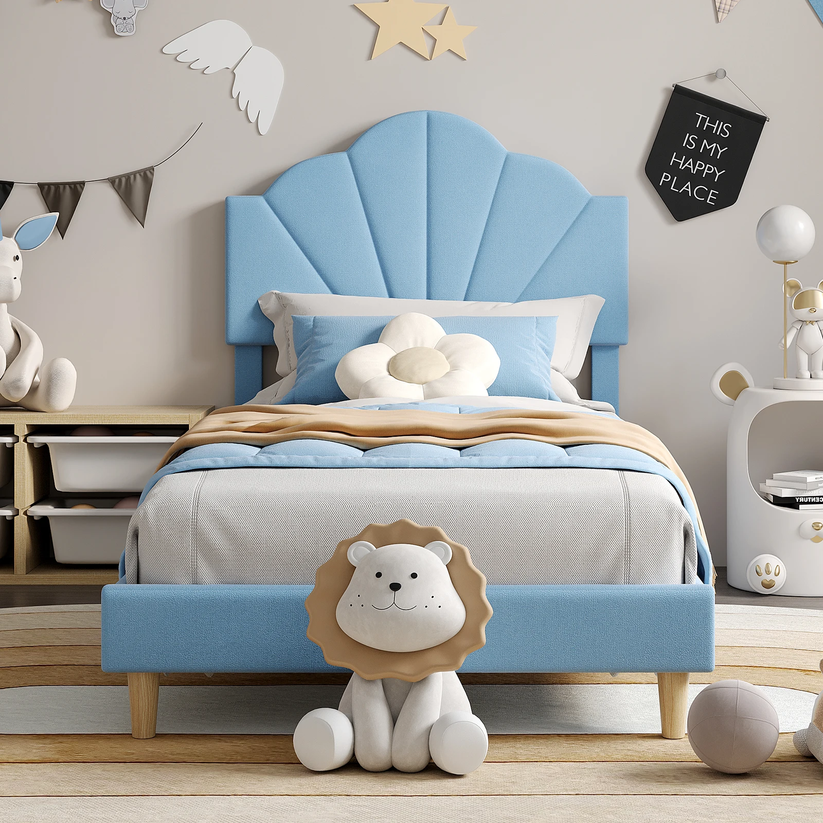 Single Bed Upholstered in Light Blue Velvet - Platform Structure with Height-Adjustable Headboard - Wooden Slat Support and Robust Metal Frame - Easy Assembly Without a Box Spring - Modern Design for Children's and Youth Bedrooms