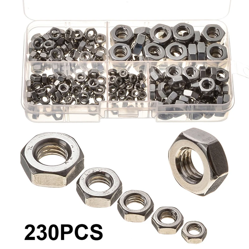ชุดสกรูน็อตหกเหลี่ยม YO-230PCS M3 M4 M5 M6 M8สแตนเลสสตีลน็อตชุดกล่องเมตริก