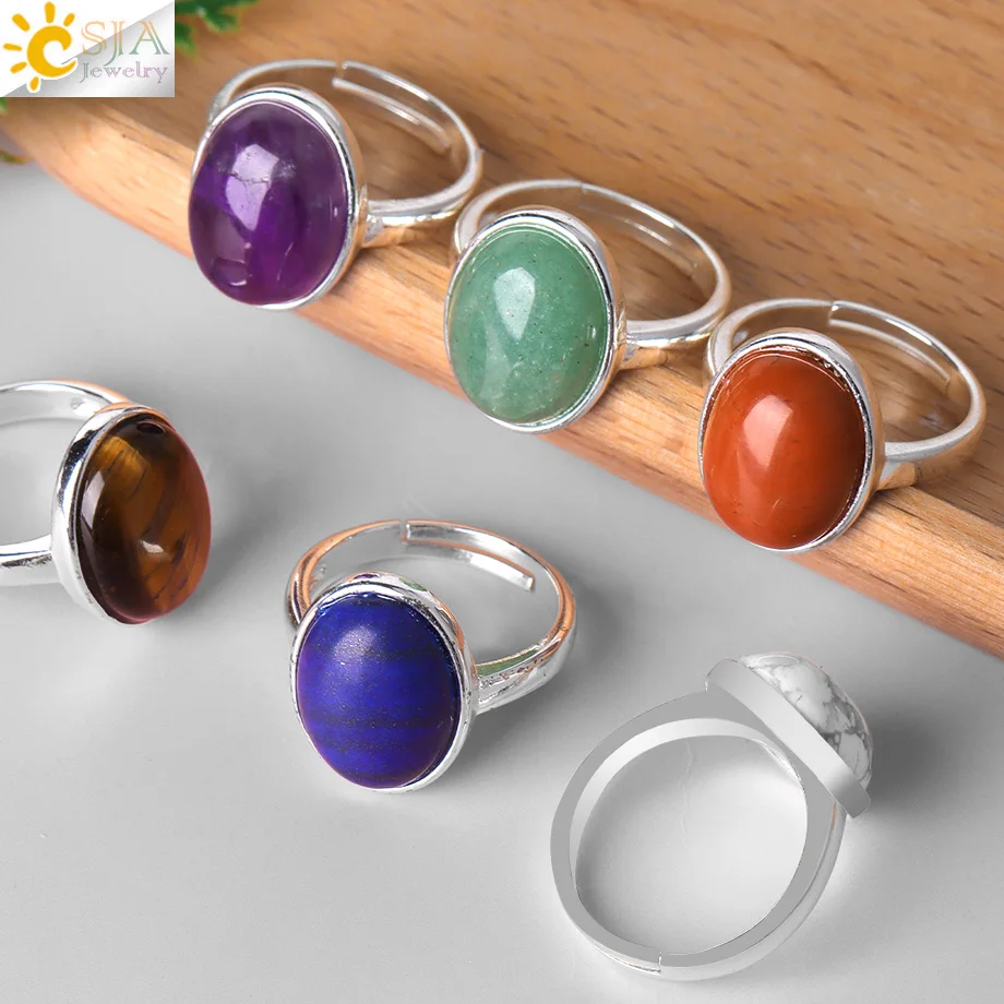 Small Egg Shape Natural Stone Ring Silver Color Adjustable White Crystal Quartz Amethytst Finger Rings Men Women Jewelry H512
