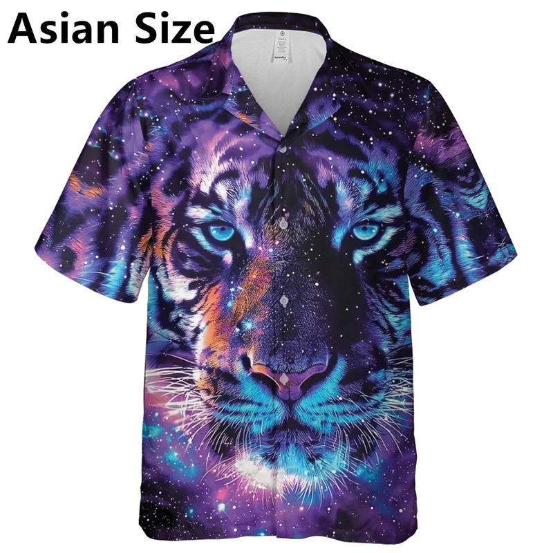 Trend Tiger Graphic Hawaiian Shirts For Men Fashion Summer Lapel Button 3D Animals Printed Blouse Loose Street Hip Hop Tops