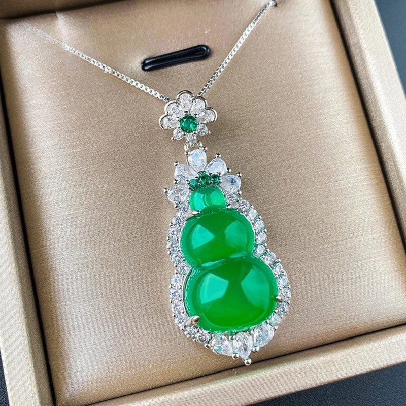 

Natural Green Chalcedony Gourd Pendant Necklace Diamond Accents - Chinese Lucky Amulet for Women Feng Shui Wealth & Protection