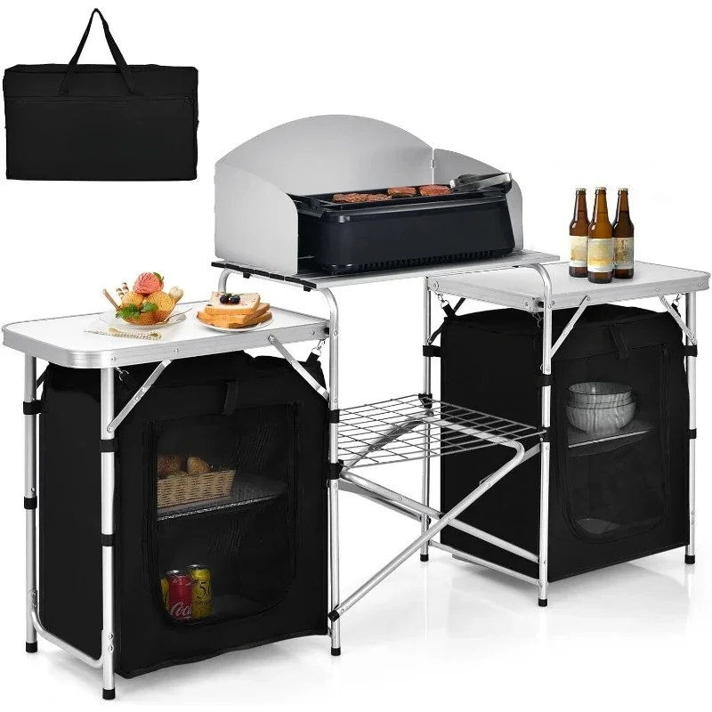 Folding Camping Kitchen Table with Storage, Aluminum Portable Outdoor Cooking Table with Windscreen, Foldable Camp