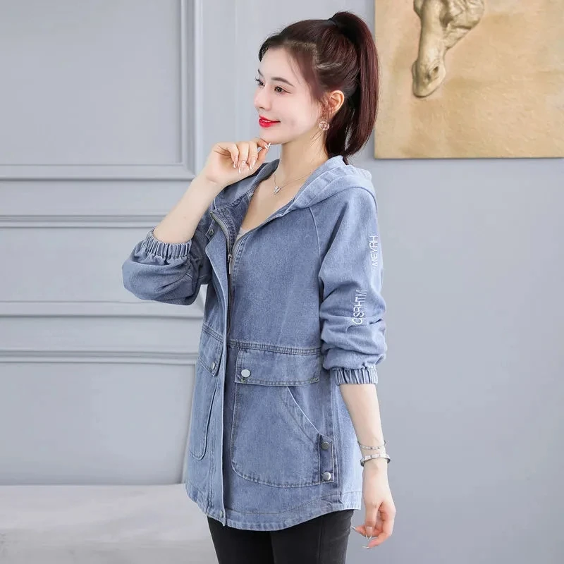 Denim Jacket Womens Long Spring Autumn Korean Embroidered Letters Versatile Jeans Coat Female Loose Hooded Casual Cowboy Tops