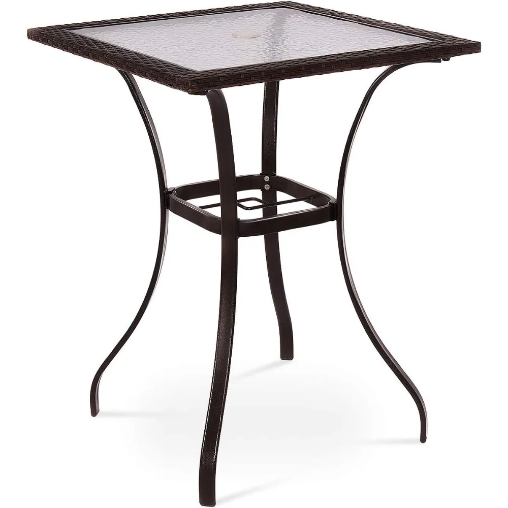 Patio Bar Table with Umbrella Hole, All Weather 37 Inches Height Heavy Duty Outdoor Square Glass Top Table, for Garden