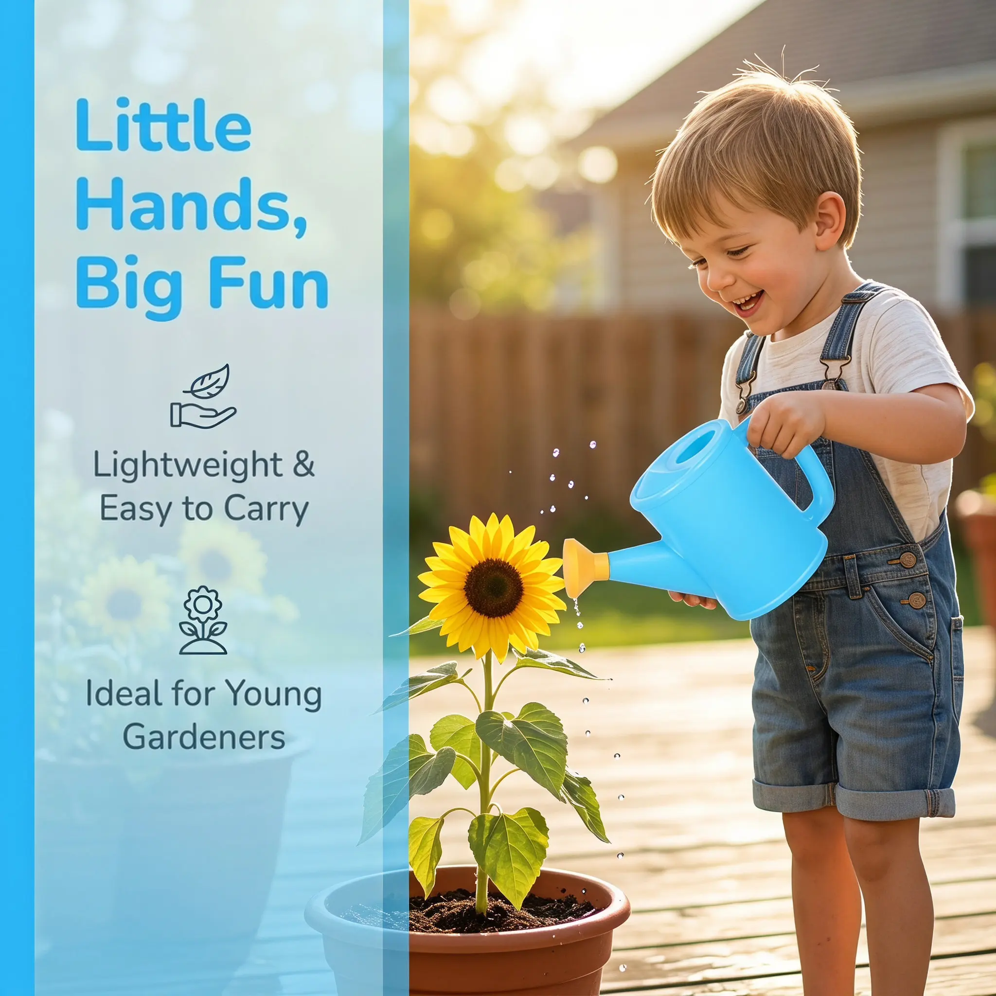 Kids Plastic Watering Can Blue Ergonomic Handle Lightweight Garden Tool for Flowers Succulents Indoor Outdoor Beach Play