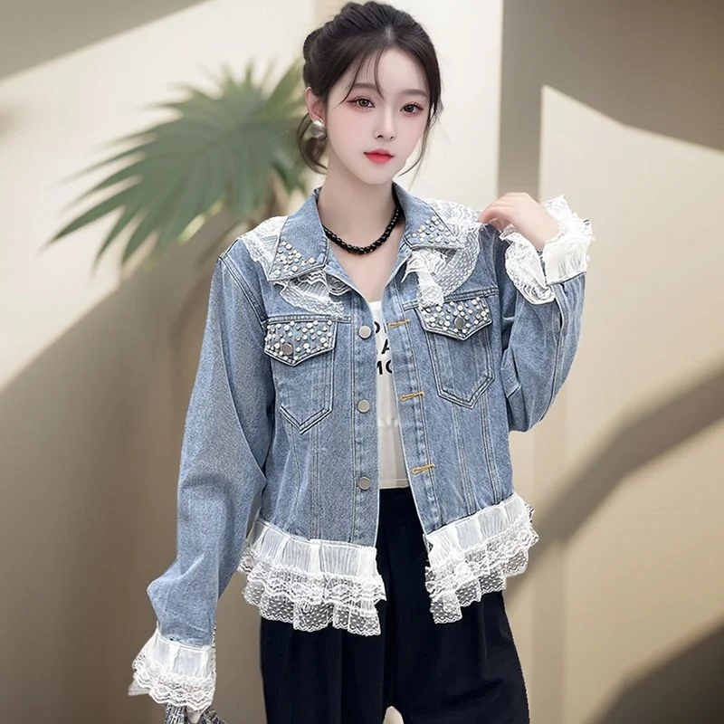 Women Denim Jacket 2025 New Fashion Design Lace Patchwork Spring Autumn Casual Jeans Coat Outerwear Top Large Size 5XL