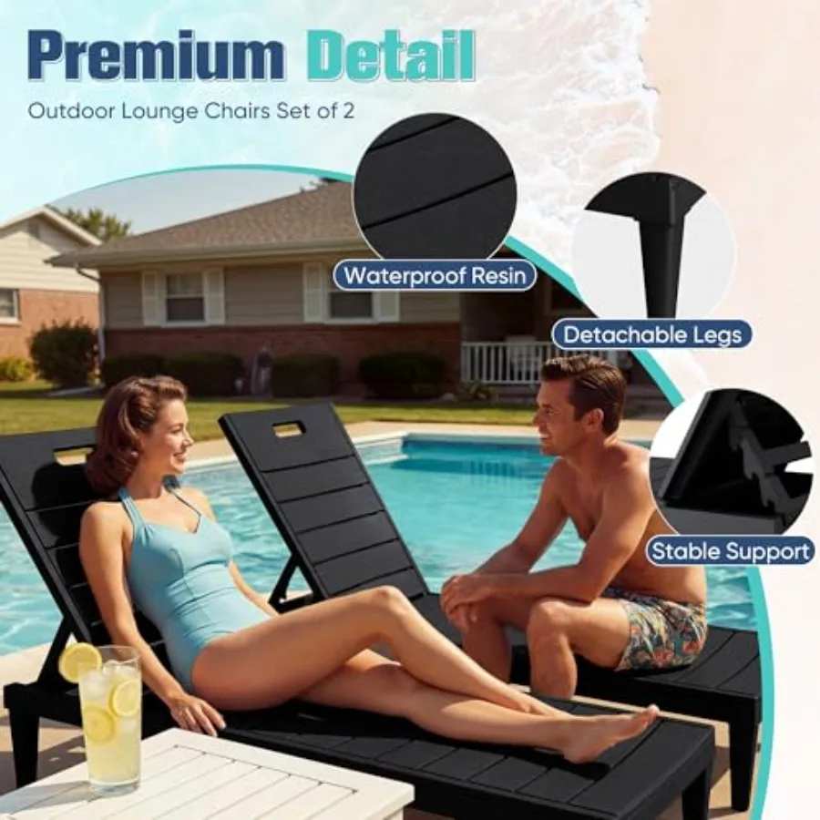 Outdoor Chaise Lounge Chair Set of 2 with 5-Position Adjustable Back, Waterproof and Lightweight PP Lounge Chairs for Outside P view 3