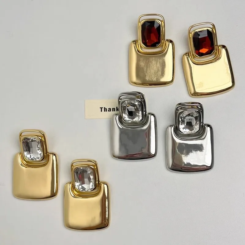 Vintage Exaggerated Metal Square Geometric Crystal Large Earrings for Women European American Personality Party Heavy Jewelry