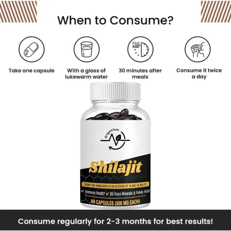 مكمل شيلجيت الطبيعي 60 حبة (500 مجم لكل منهما) يحتوي على 85 عظمًا من المعدن وحمض الهوميك - صحي للحياة اليومية #2