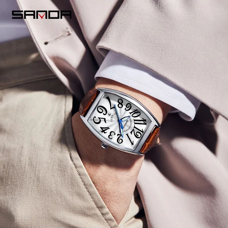 SANDA New Quartz Men's Watch Casual Fashion Simple Design Barrel Shape Dial Genuine Leather Strap Waterproof Business Men Watch