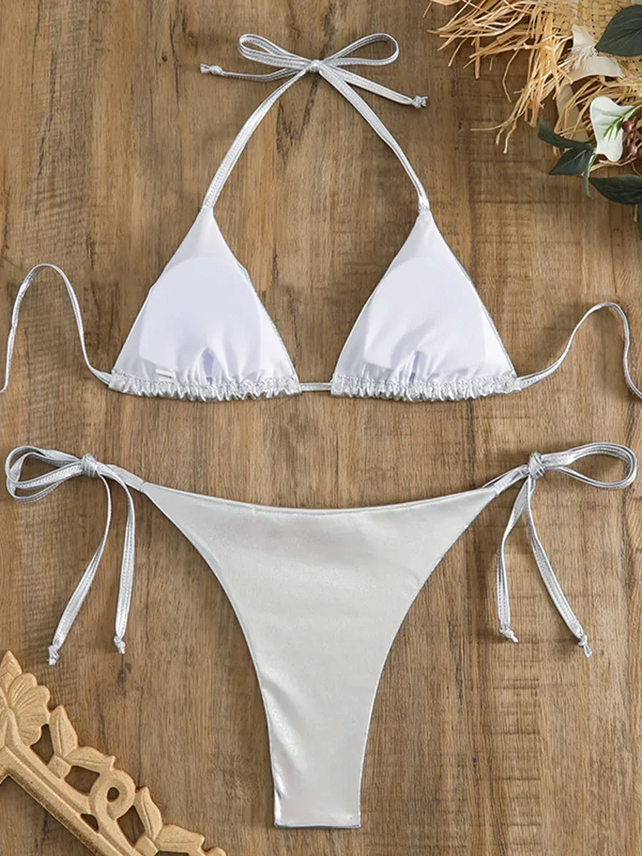 Sexy Halter Shiny PU Micro Bikini 2025 Women Swimsuit Female Brazilian Swimwear Two Pieces Bikini set High cut Bathing Suit Swim