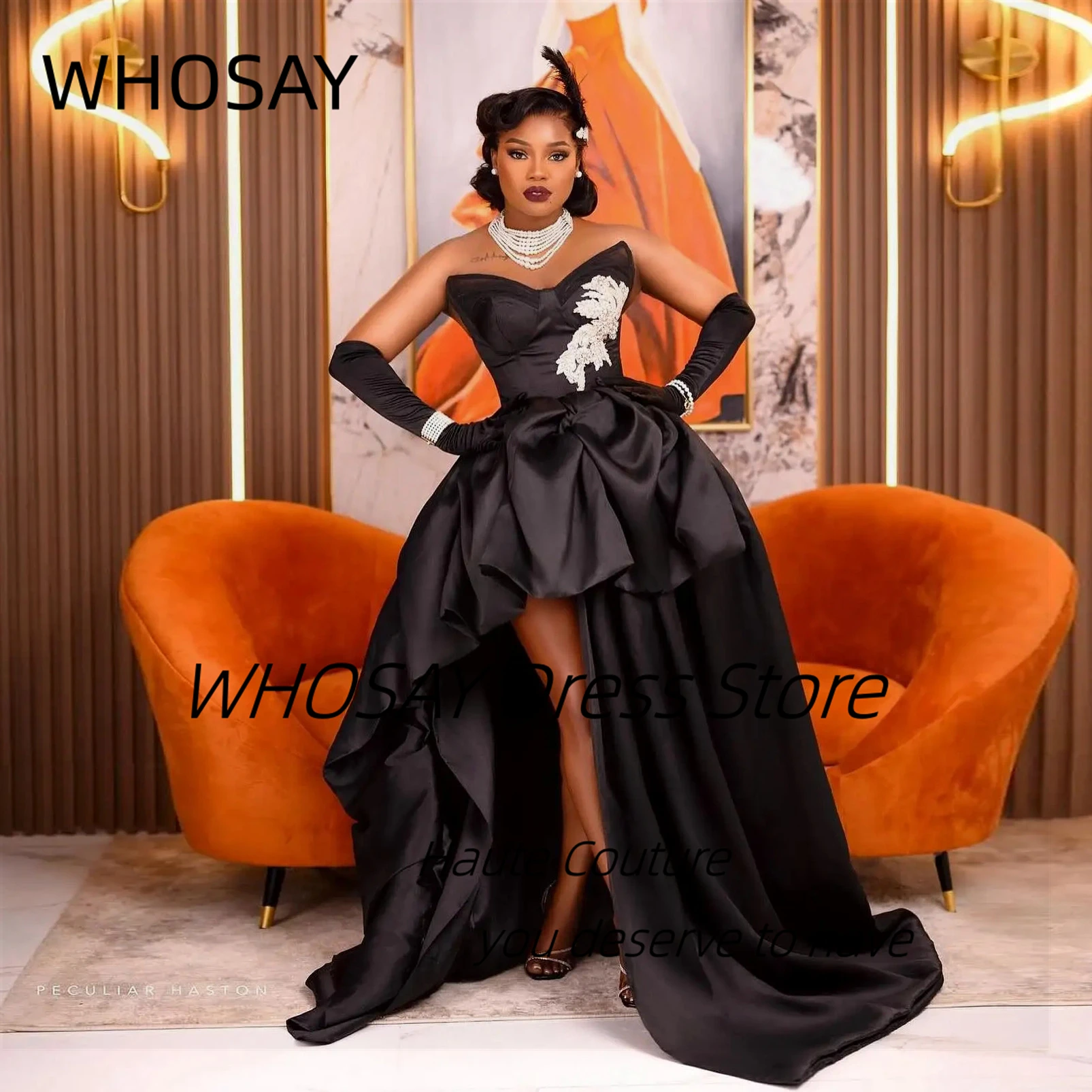 

WHOSAY Classical Black High Low Satin Prom Dresses Sweetheart Applique Bride Wear Princess Party Gowns Bespoke Evening Dress