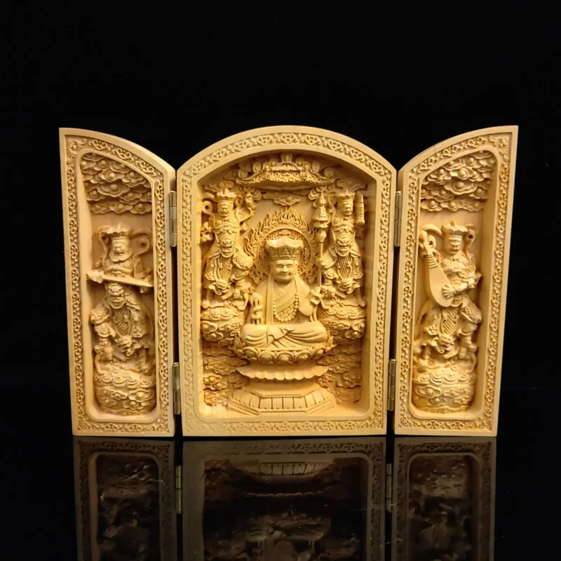 Chinese Antique Hand carved Three doors Buddha Wood Box Statue