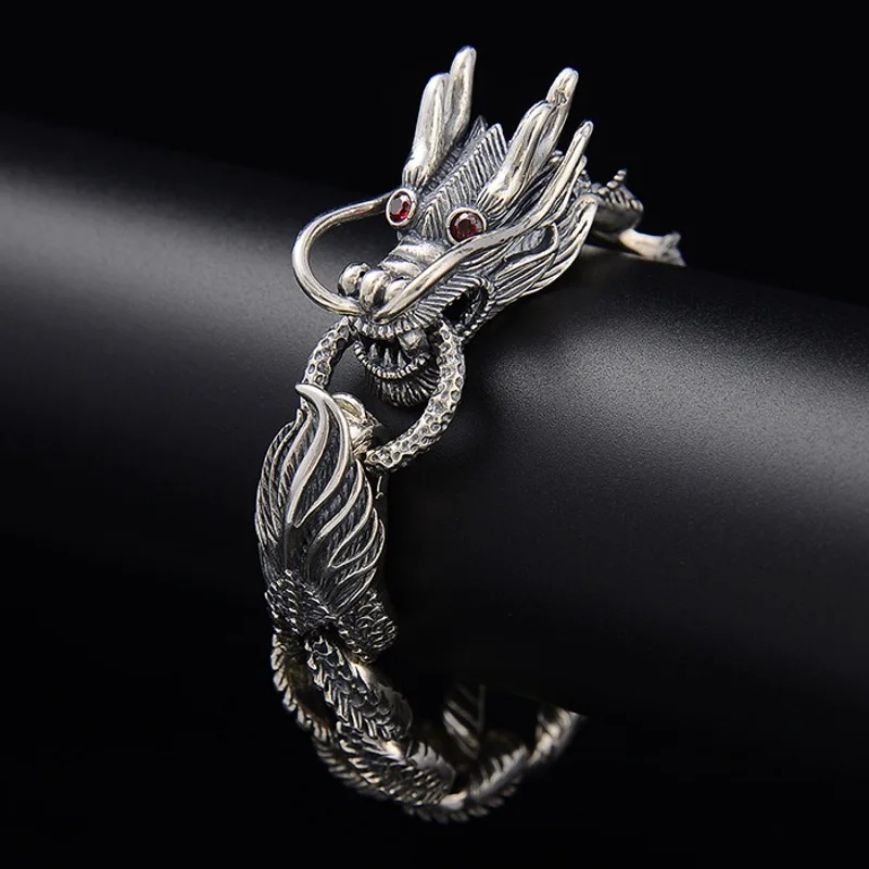 Real Solid 925 Sterling Silver Chain Men Lucky Red Eye Dragon Carved Curb Cuban Link Bracelet 96g/22cm