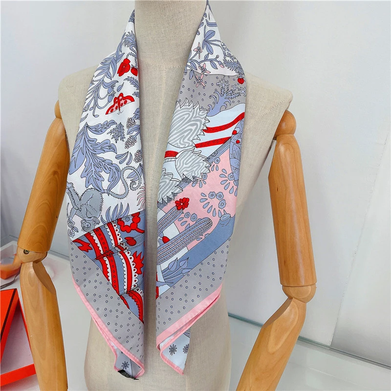 Fashion Hand RolledTwill Silk Scarf Woman Painting Square Scarves Wraps Bandana Small Hijab Foulards Tie Headband Neckerchief