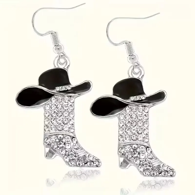 Women Enamel Cowboy Hat Boots Earrings Rhinestone Shoes Charms Stainless Steel Hook Earring Eardrop Cowgirls Party Jewelry Gift