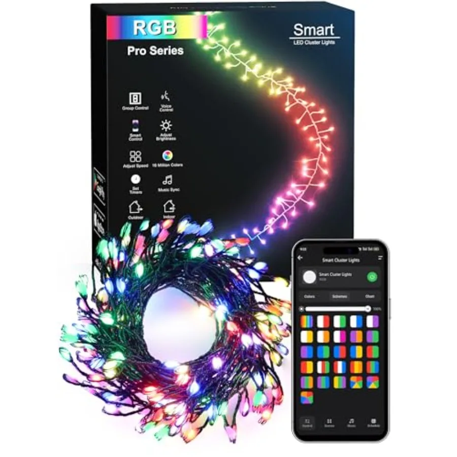 Smart Cluster Christmas Lights 19.68FT 200 LED WiFi Cluster Fairy Lights App Controlled RGB Color Changing Christmas Lights Wor