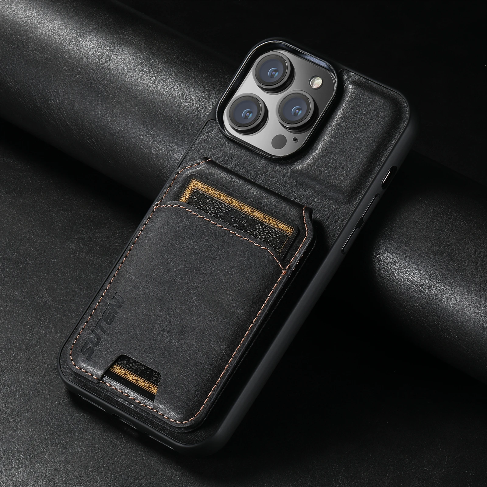 SUTENI Luxe Lederen Kaarthouder Telefoon Case Portemonnee Kickstand Cover Voor iPhone 17 16 15 14 13 12 11 Pro Plus X Xs XR