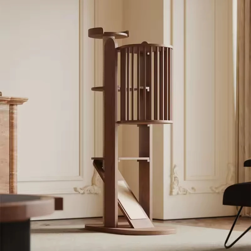 Wholesale indoor cat climbing tower custom luxury pet furniture cat apartment hammock wooden cat tree