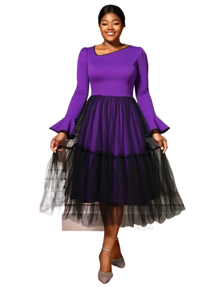 

Элегантное сетчатое платье в стиле пэчворк с асимметричным вырезом и длинными расклешенными рукавами, трапециевидное платье миди, женская мода, осенне-зимняя повседневная одежда