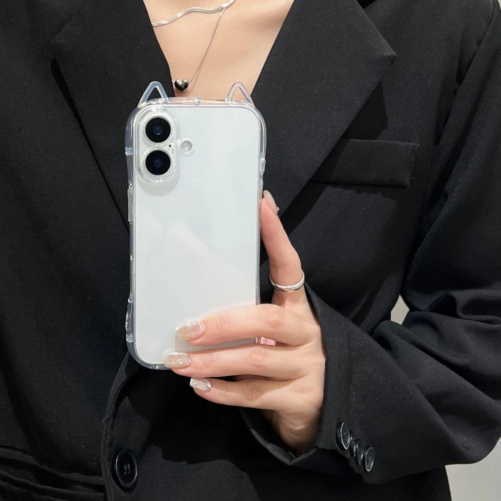 Fashion Clear Cute 3D Cat Ears Phone Case For iPhone 16 15 14 13 12 11 Pro Max 7 8 Plus X XR XS MAX Shockproof Soft TPU Cover