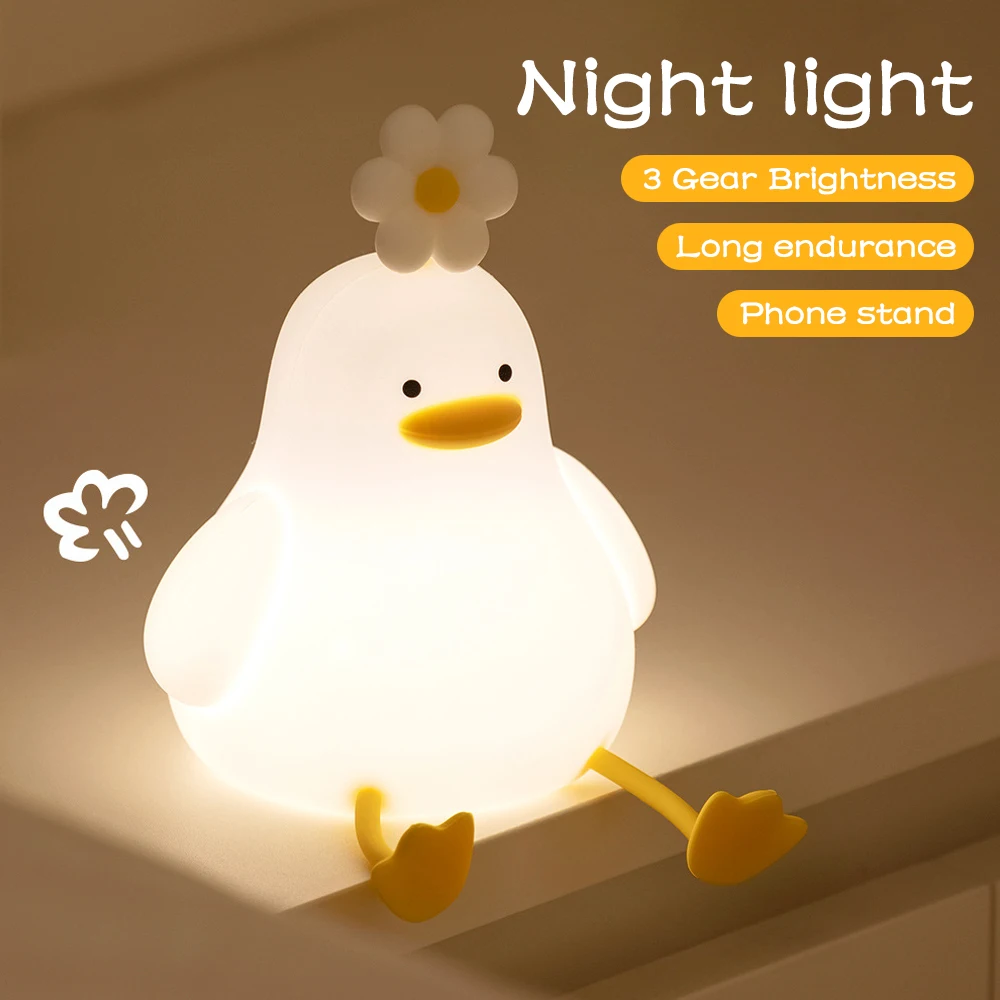 Cute Duck Night Light Silicone Dimmable Nursery Nightlight USB Rechargeable Timing Bedside Touch Lamp for Kid Bedroom Room