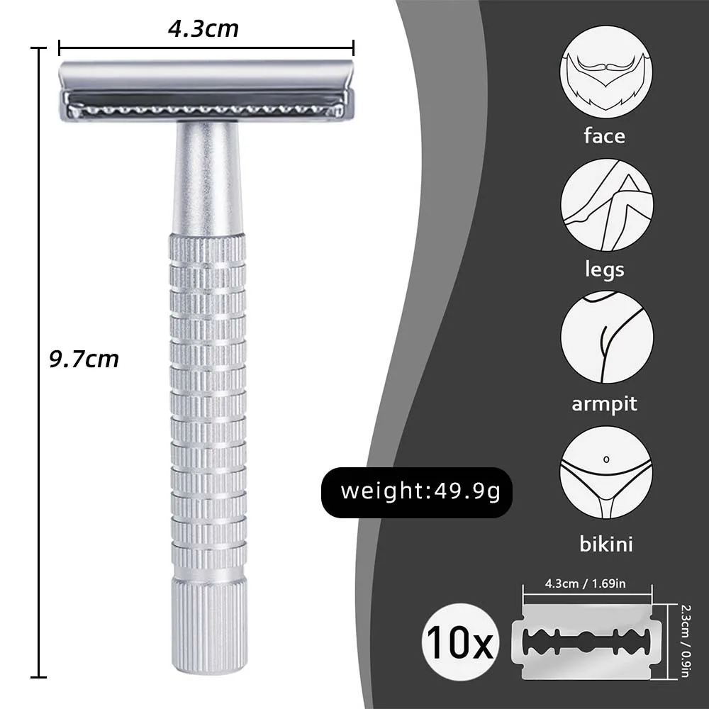 Double Edge Safety Razor for Men, Classic Metal Manual Shaver with Non-Slip Textured Handle, Reusable Wet Shaving Razor, Eco-Fri