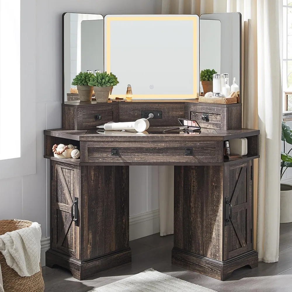 

Vanity Desk With Mirror And Lights, Farmhouse Makeup Vanity With 3 Way Mirror And Lights, Vanity Table With Charging Station