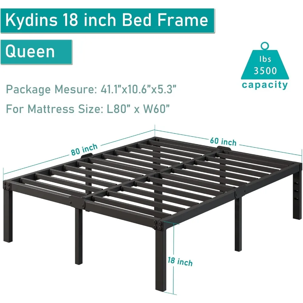 إطار سرير كوين معدني أسود مقاس 18 بوصة مع مساحة تخزين - لا يتطلب صندوق زنبركي، ودعم مرتبة غير قابل للانزلاق