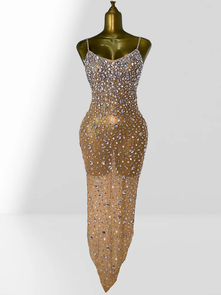 Luxury Sparkling Diamonds Mesh Sexy Throug Spaghetti Strap Dress  Fashion Woman Birthday Party Dress Stage Performance Costume