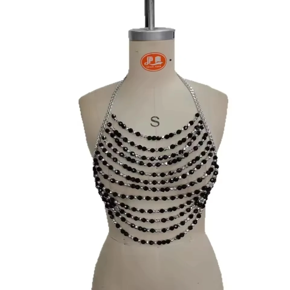 Multiple Black Bead Punk Tassel Chains, Summer Seaside Vacation Necklace, Pearl Vest Body Chain, Chest Chain