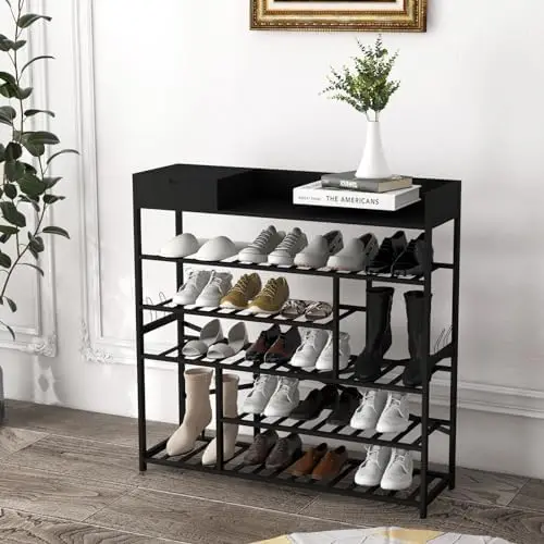 

Shoe Rack Organizer for Entryway, 6-Tier Bamboo Solid Wood Shoe Shelf with Shelf and Removable , Free Standing Box Shoe Cabin