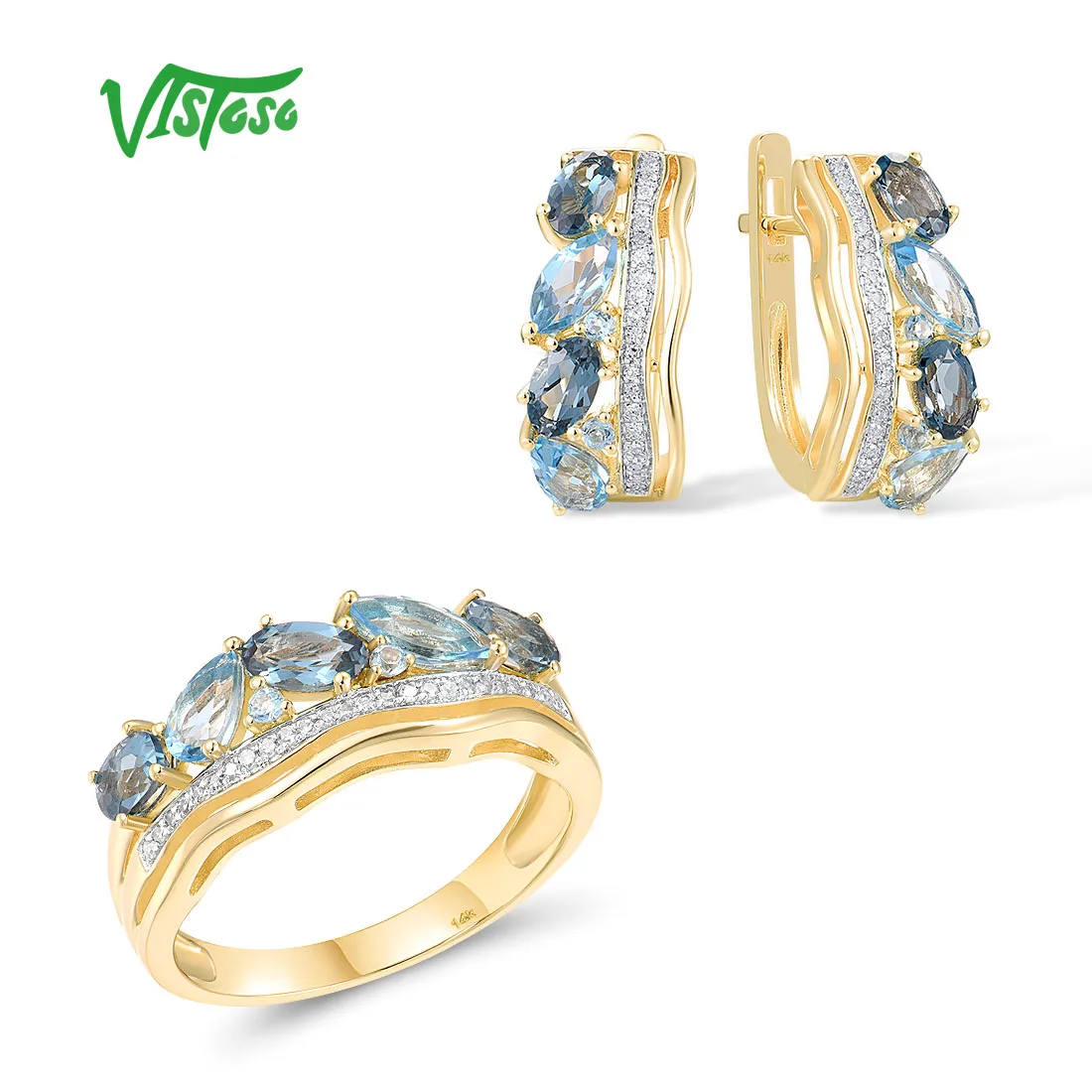 VISTOSO 14K 585 Yellow Gold Jewelry Set For Women Sparkling Blue Topaz Diamond Earrings Ring Set Elegant Trendy Fine Jewelry