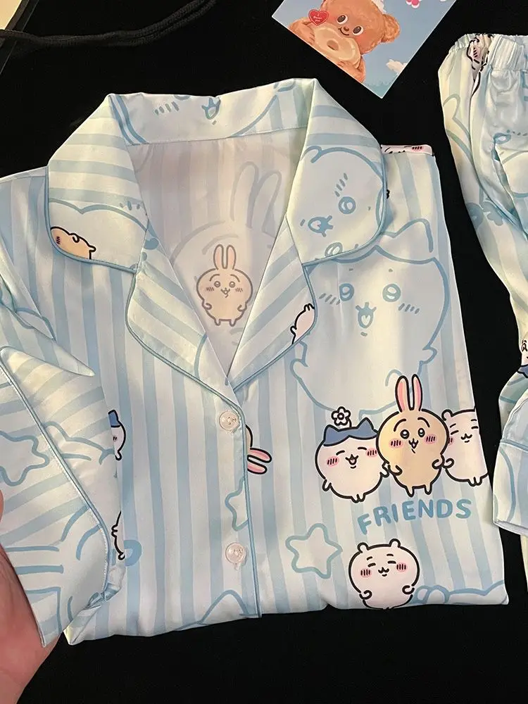 

Chiikawa Cute Hachiware Usaqi Pajamas Women's Summer Ice Silk Short-sleeved Cartoon Cute Home Clothing Set