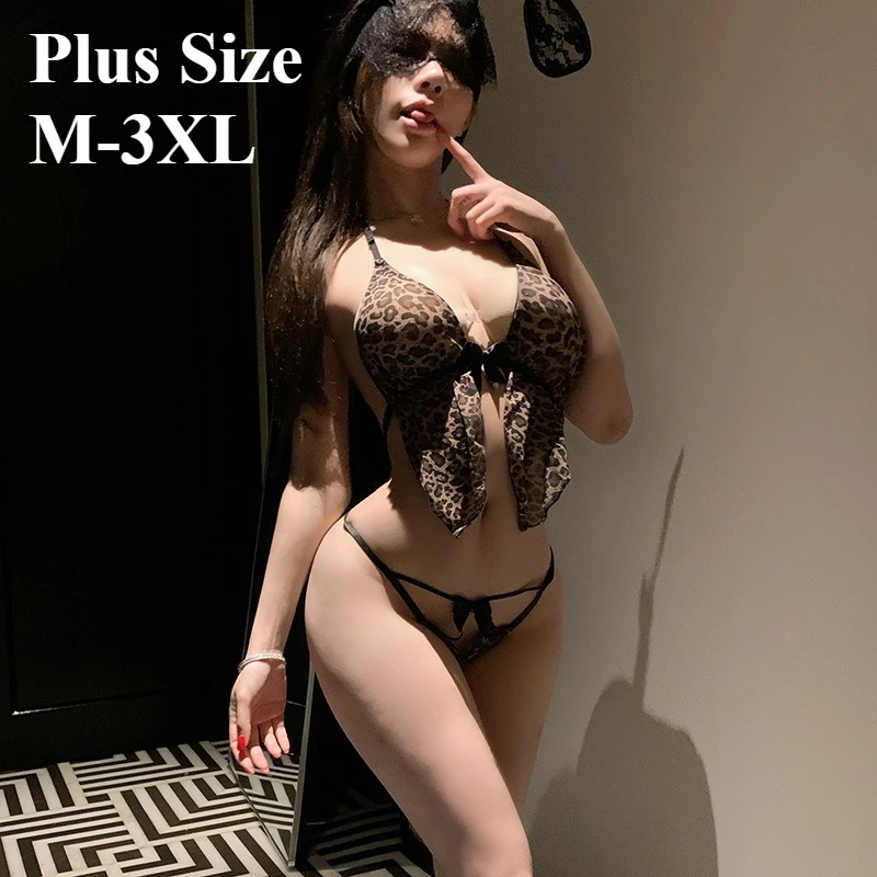 

M-3XL Large Size Erotic Lingerie Sexy Leopard Bikini Set Uniform Roleplay Temptation Pajama Japanese Halter Tops Thong Nightwear