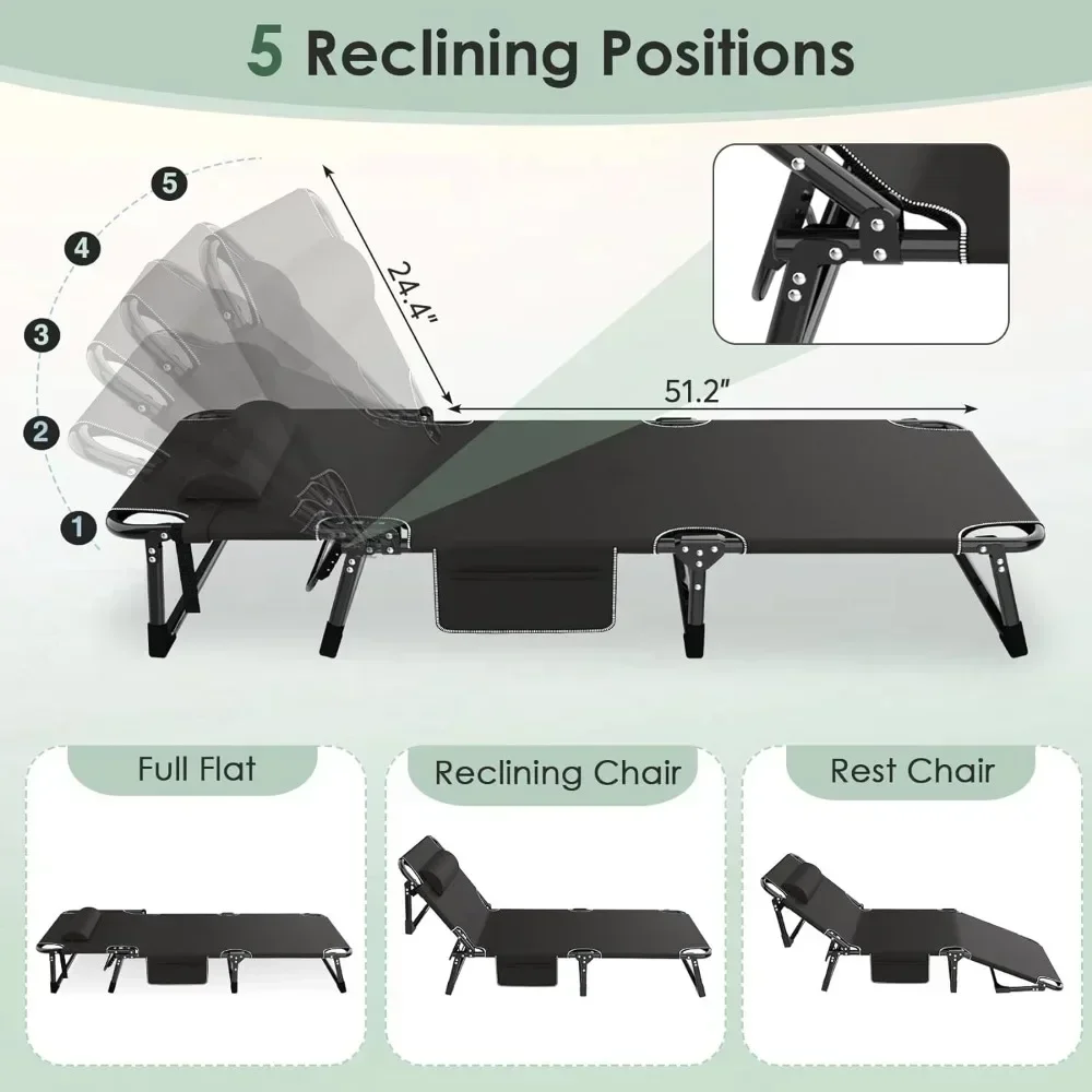 #For 3 in 1 Folding Camping Cot Bed, 5 Positions Adjustable Patio Chaise Lounge Chair, Portable Sleeping Cots for Adults with&