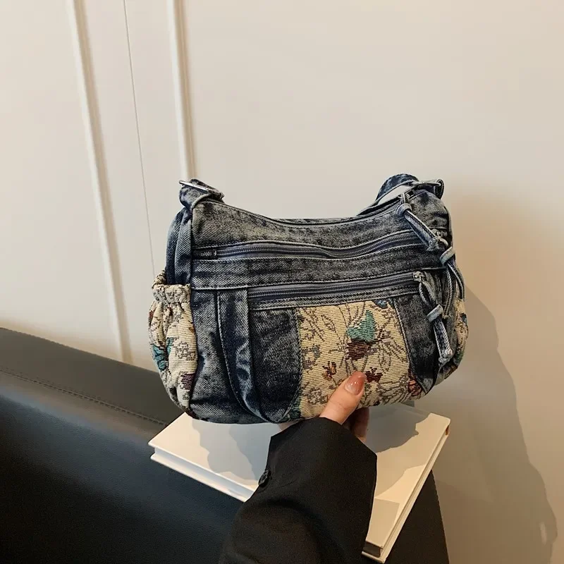 

Стильный дизайн, джинсовые сумки через плечо на молнии, 2025 г., высококачественные портативные женские сумки на плечо большой вместимости с швейными нитками