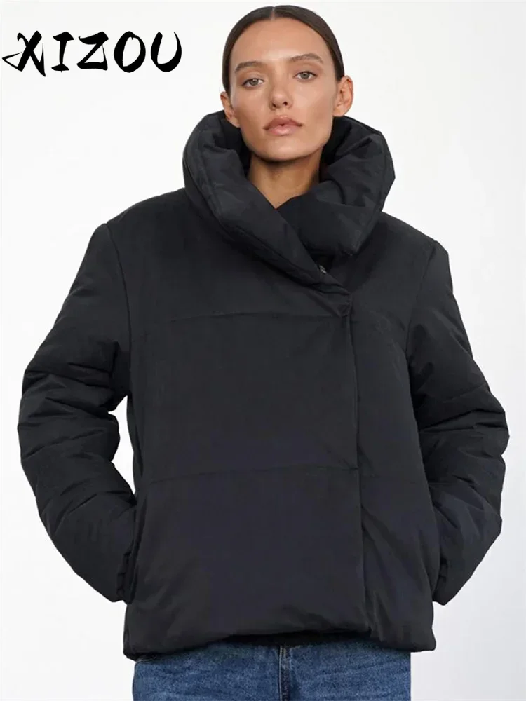 

XIZOU Winter Warm Parkas Overcoat for Women Patchwork Solid Turtleneck Pocket Casual Long Sleeve Coat Female Commute Parkas