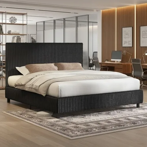 

King Upholstered Bed Frame with Vertical Channel Tufted Headboard, Soft Fabric, Strong Metal Slats