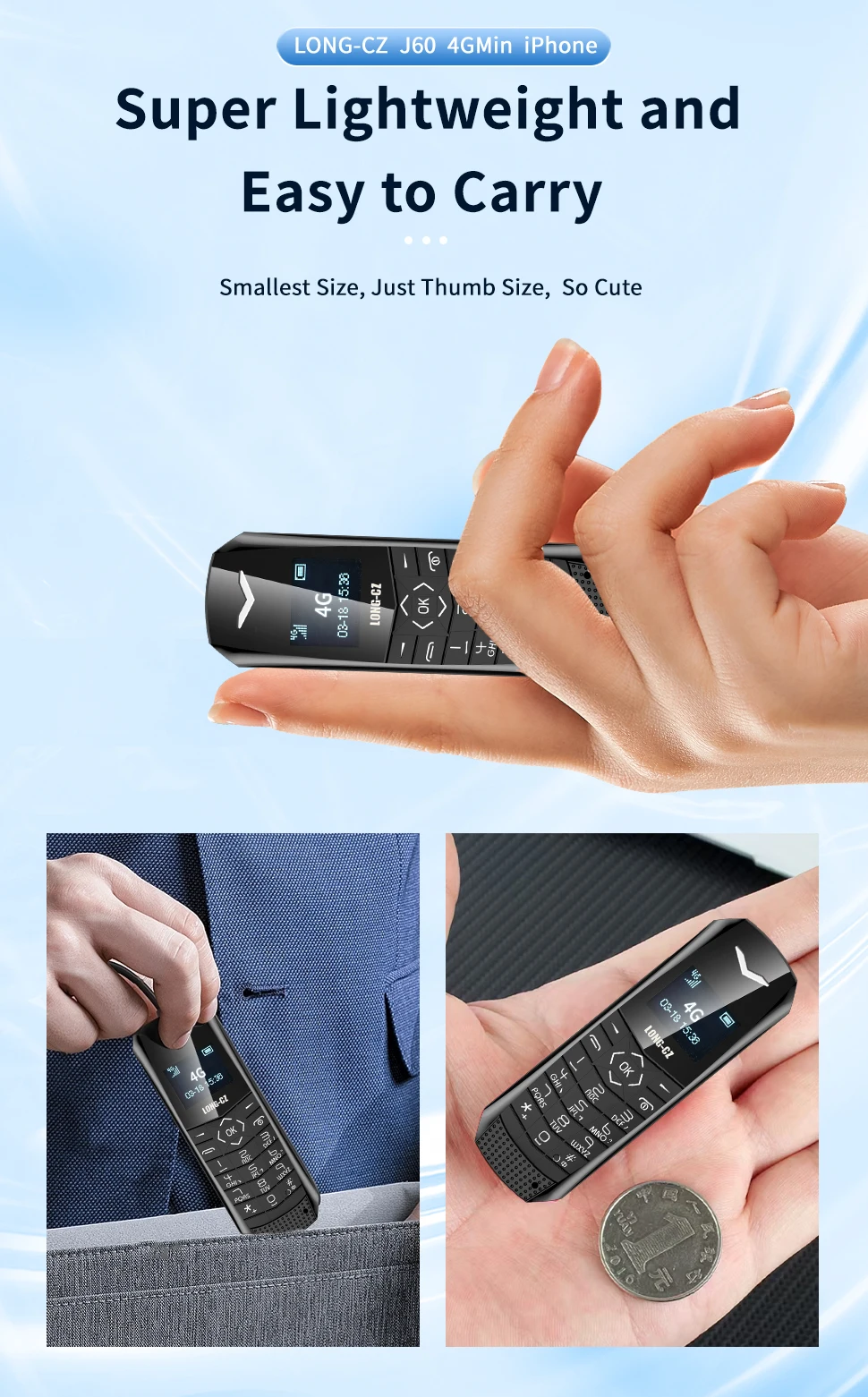 Super Mini Phone J60 4G Network Mobile Phone Wireless Bluetooth Keyboard Pocket Cellphone Alarm Clock SOS MP3 Player Recorder